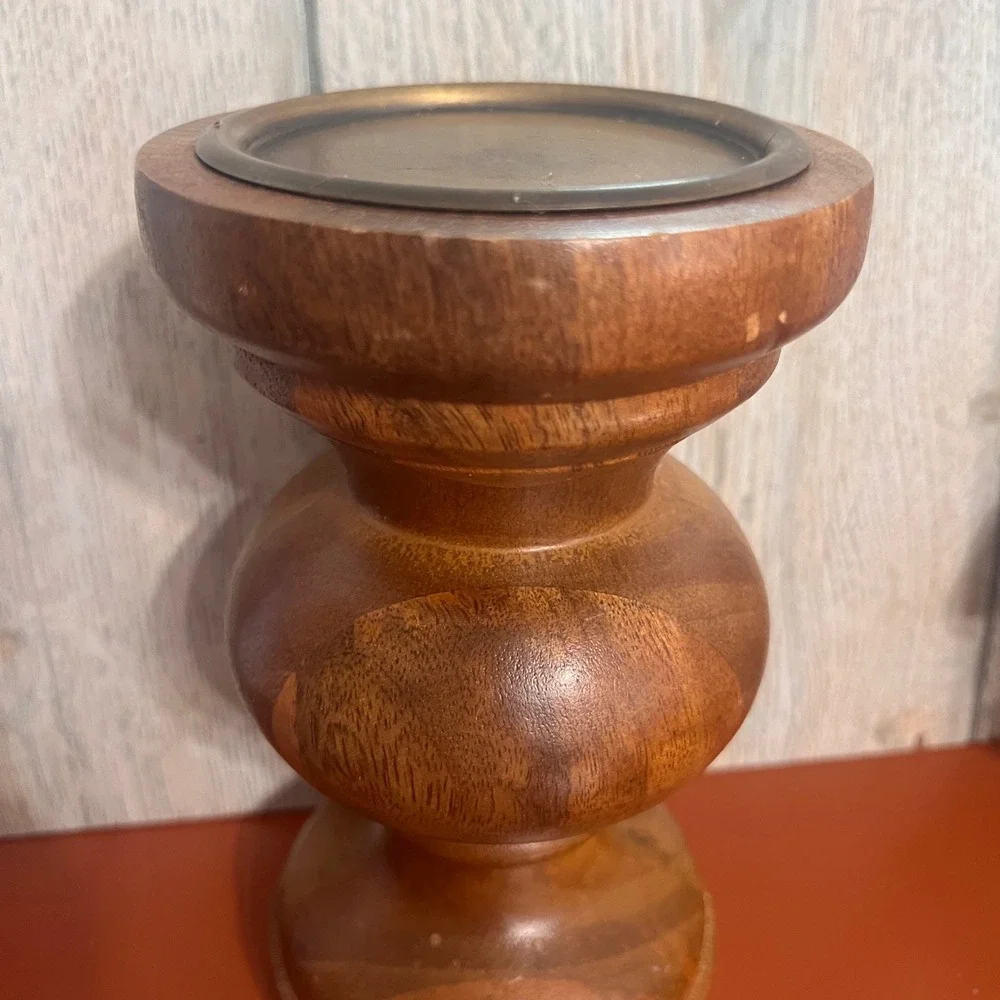 Vintage Turned Wood Pillar Candle Holder Brown Farmhouse Rustic Home Decor 7.5in